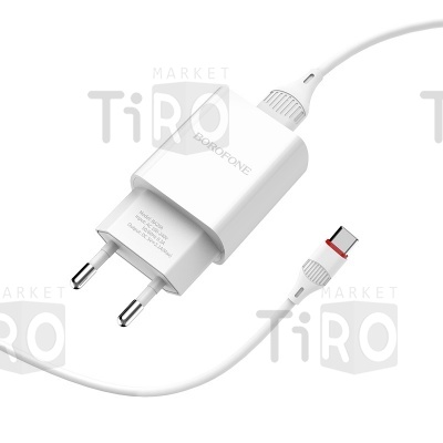 Сетевое зарядное устройство Borofone BA20A, 1USB+кабель Type-C, 2,1А, цвет белый